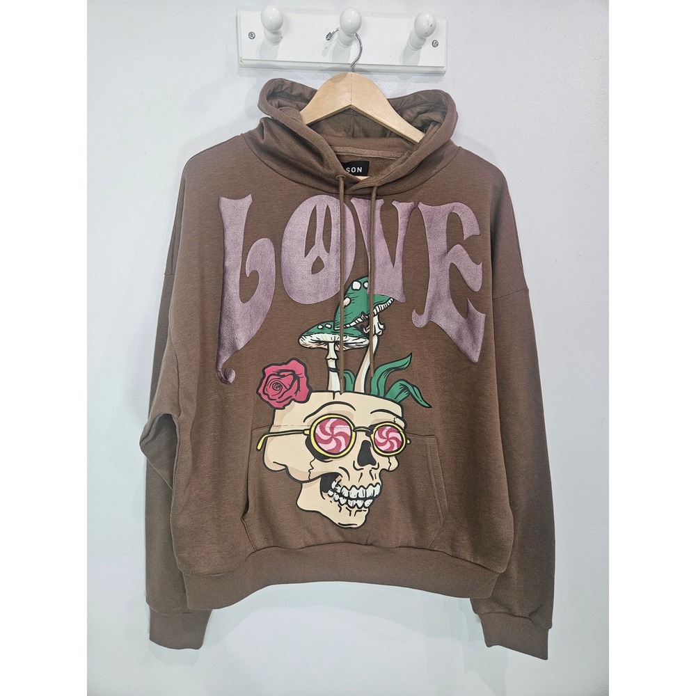 Reason Brand Brown Love Hate Skull Mushroom Graphic Hoodie Mens Large NWT